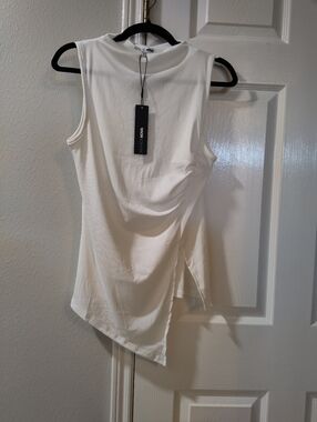 Fashion Nova White High Neck Ruched Tank Top Ribbed Stretc Blouse Med - Lrg NWT